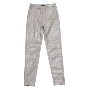 Zara Womens XS Tan Khaki Skinny Pants Leather Look Slim Leg Ankle Zip Sexy